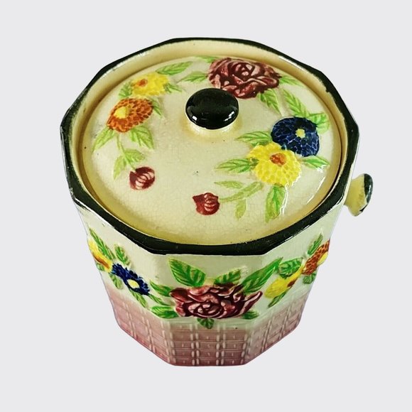 Canister with Lid Raised Floral Geometric Design Decagon Shape Ceramic Vintage - Picture 9 of 9